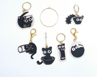 Funny Black Cat Stitch Markers Set of 6 Kitty Cats in bowls Knitting Crochet Stitch Marker Progress Keepers Stitch Counter Place Marker