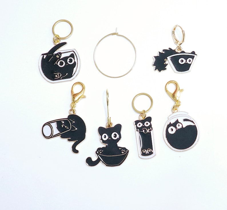 Funny Black Cat Stitch Markers Set of 6 Kitty Cats in bowls Knitting Crochet Stitch Marker Progress Keepers Stitch Counter Place Marker image 1