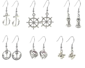 6 Pair Set of Nautical Silver Charm Earrings Mix and Match Multiple Dangle Earring Anchor Ship's Wheel Lighthouse Rope Anchor Sailboat Crab