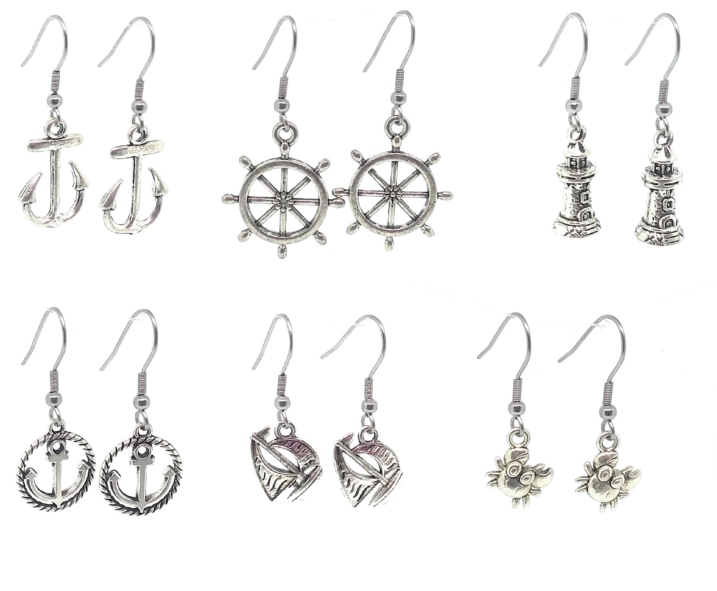 6 Pair Set of Nautical Silver Charm Earrings Mix and Match Etsy