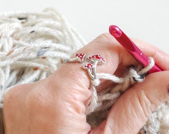Red Mushrooms Slightly Adjustable Ring Size 8-9 Crochet Beginner Knitting Gift Yarn Tension Ring Regulator Tool Stainless Steel