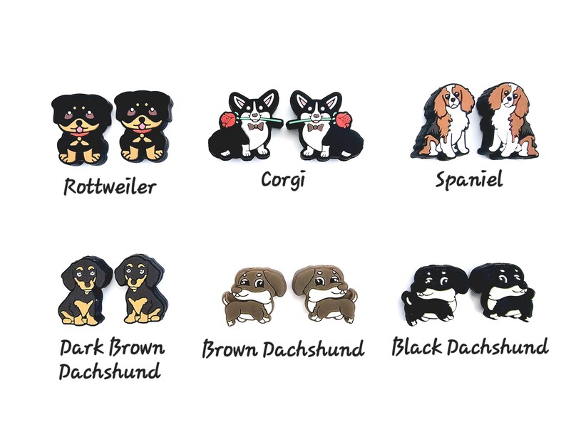 Puede incluir: Conjunto de 10 pares de abalorios para zapatos con forma de perro, que representan diferentes razas, incluyendo Rottweiler, Corgi, Spaniel y Dachshund. Cada abalorio es negro y blanco, con un dise&ntilde;o de tipo dibujo animado.