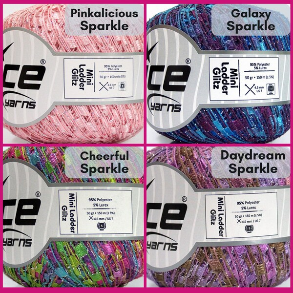 Trellis Ladder Yarn Mini 32 Colors YOU CHOOSE for Knitting & Crocheting Yarn Necklaces, Sparkle Lurex, 135yd, Ice Yarns, Lattice Thread