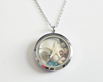 Beach Floating Charm Locket, Starfish Seashells, Coastal Jewelry