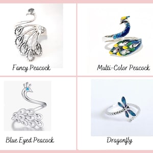 May include: Four silver rings with different designs. The first ring features a detailed peacock design. The second ring features a peacock design with blue, green, and yellow enamel. The third ring features a peacock design with a blue eye. The fourth ring features a dragonfly design.