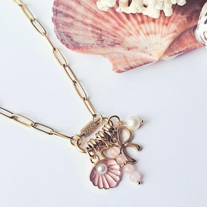 Gold Caribiner Chain Necklace Beach Vacation Cluster Shell Charm & Real Pearl Preppy Pink Vibes Summer Vacation Jewelry Changeable Charms
