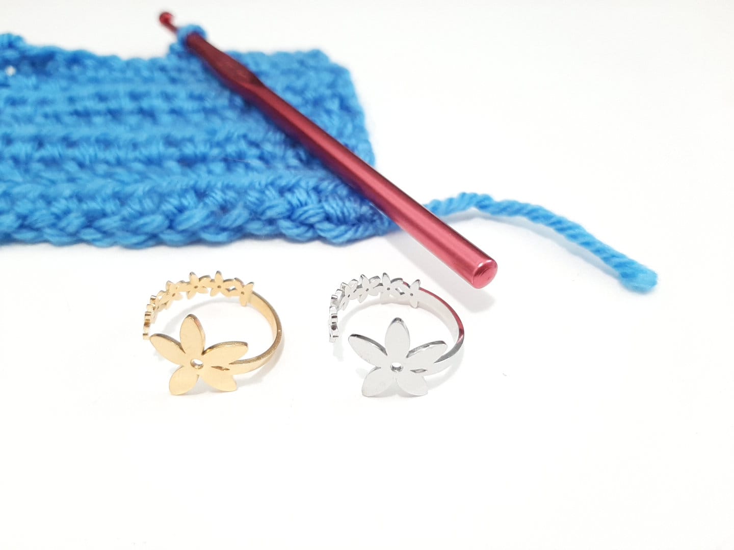 Silver or Gold Steel Yarn Tension Ring Flowers Adjustable Crochet