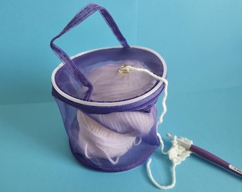 Yarn Guide Hole Crochet Project Bag Purple or Pink Mesh Zippered Yarn Holder, Knitting & Crochet Storage