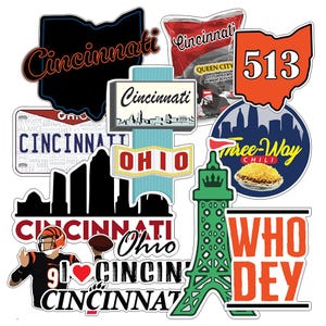 May include: A collection of colourful stickers featuring various Cincinnati, Ohio themed designs. The stickers include the city's skyline, the state of Ohio, the Cincinnati Bengals logo, and the phrase "Who Dey".