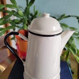 May include: A white enamel coffee pot with a black handle and trim. The vintage-style pot has a lid and a spout. The pot is sitting on a blue book, with a green plant in the background.