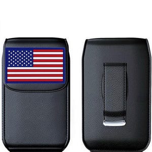 May include: Black leather phone case with a metal belt clip. The front of the case has a patch of the American flag in red, white, and blue.