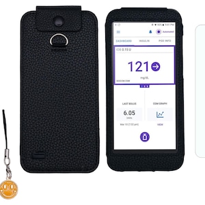 May include: A black leather phone case with a screen displaying health data, a black lanyard, a smiley face charm, and two screen protectors. The phone screen shows a glucose reading of 121 mg/dL.