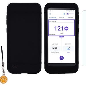 May include: A black smartphone in a protective case shows health data on its screen, including a glucose reading of 121. Accessories include a black lanyard, a smiley face charm, and two screen protectors.