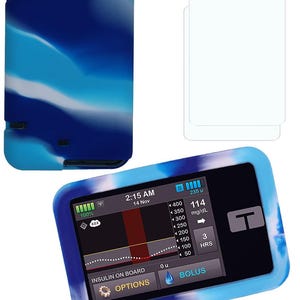 May include: A blue and white patterned insulin pump with a screen displaying data, alongside a matching protective case and two screen protectors. The pump screen shows readings and options.