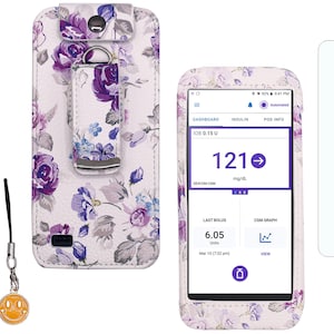 May include: A collection of accessories, including a black lanyard, a floral-patterned phone case, a matching insulin pump case, a phone with a digital display, and two screen protectors. The phone case and pump case feature a purple and white floral design.