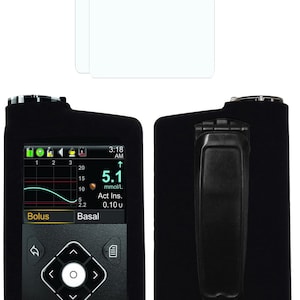 May include: Black medical device with a screen showing readings and controls. The screen displays numbers, a graph, and the words "Bolus" and "Basal." Two white rectangular items are above the device. The device has a clip on the back.