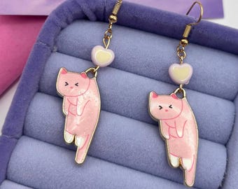 Kawaii Pink Cat Dangle Earrings – Heart Bead Y2K Jewelry