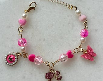 Handmade Beaded Pink Barbie Charm Bracelet: Y2K Girly Jewelry Gift for Her