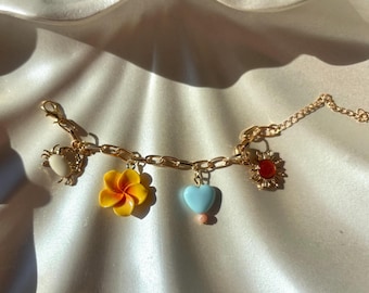 Handmade Gold Charm Bracelet: Y2K Frangipani Beaded Jewelry