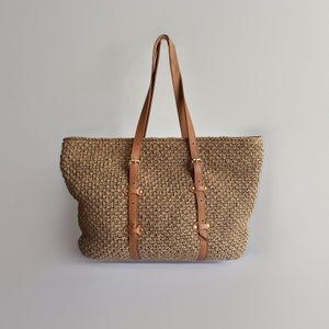 Handwoven Straw Tote Bag with Genuine Leather Straps - Boho Chic, Summer Beach Bag, Large Capacity, Handmade Purse