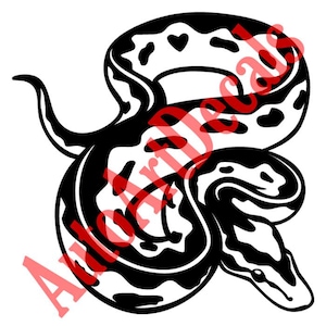 May include: A black and white vinyl decal featuring a coiled snake with a distinct spotted pattern. The design shows the snake in a curved, resting position with its head angled downward. The text AutoArtDecals is overlaid in red across the image.
