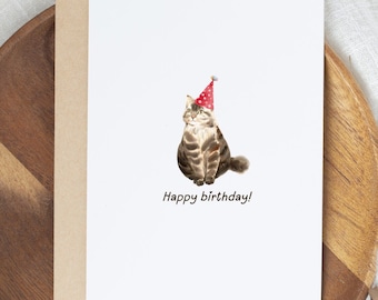 Tabby Cat Birthday Card, Minimal Design, Cat in Party Hat