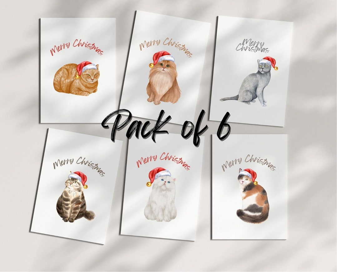 Cat Christmas Card Set, Cats in Christmas Hats, Watercolour Cats, Six ...