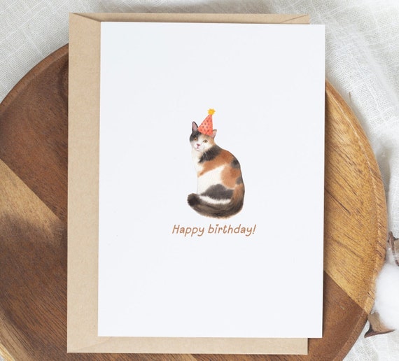 Calico Cat Birthday Card, Minimal Design, Cat in Party Hat