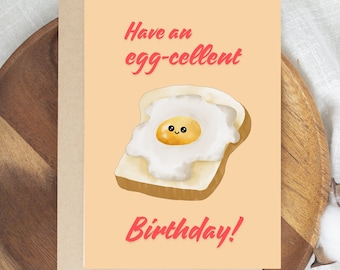 Tarjeta de cumpleaños con juego de palabras, excelente cumpleaños, huevo lindo, tarjeta con juego de palabras, tarjeta de cumpleaños con comida, tarjeta divertida y tonta