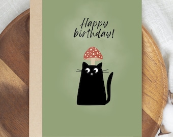 Tarjeta de cumpleaños con forma de hongo y gato negro, tarjeta sencilla con forma de gato