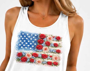 Camiseta sin mangas con la bandera floral de EE. UU. / Camiseta patriótica del Día de la Independencia / Camiseta vintage
