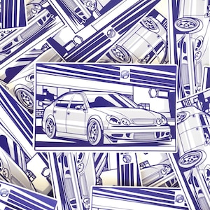 May include: A white sticker with a blue outline of a car in front of a gas station. The car is a sedan with a spoiler and large wheels. The sticker has a blue and white striped design and the text "Drift King" in a blue circle.