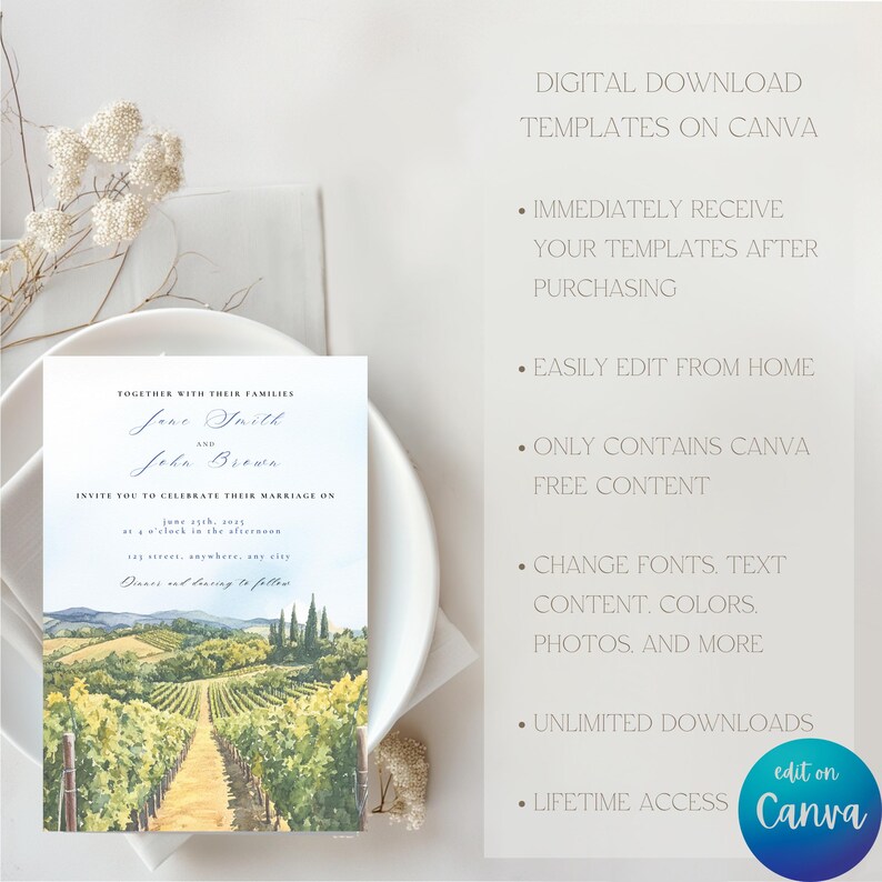 Vineyard Wedding Invitation Suite, Watercolor Wine Country Canva ...