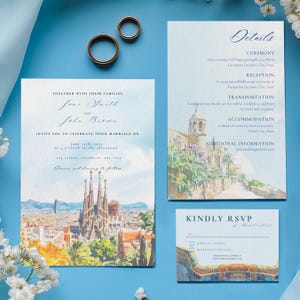 Watercolor Barcelona Wedding Invitation Template, Canva Digital Download, Suite Set with Details, RSVP Card, Spain Destination, Location