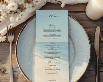 Beach Wedding Menu Card, Watercolor Coastal Tropical Canva Template (Digital Download)