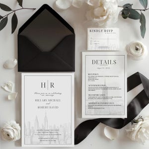 Modèle de faire-part de mariage New York, téléchargement numérique, ensemble d'invitations New York City, illustration de la ville, conception de cartes d'horizon, Suite avec RSVP