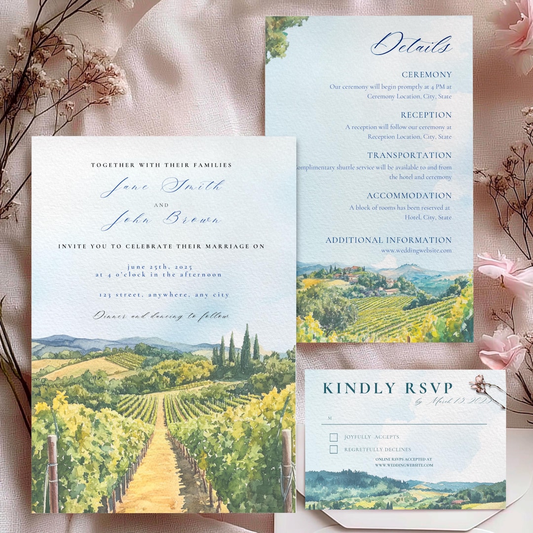 Vineyard Wedding Invitation Suite, Watercolor Wine Country Canva ...