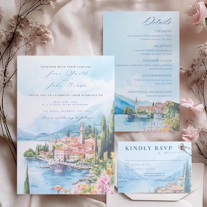 Aquarell Italien Hochzeitseinladung Vorlage, Canva Digital Download, Set mit Details, Antwortkarten, Landkarte, Comer See Ziel, Lage