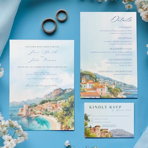 French Riviera Watercolor Wedding Invitation Template, Canva Digital Download, Suite Set with Details, Southern France Destination, Location