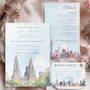 Modèle aquarelle de faire-part de mariage à New York, téléchargement numérique toile, suite d'invitations avec détails, carte RSVP, horizon de New York