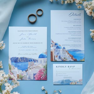 Modello di invito di nozze Grecia Canva, illustrazione acquerello Santorini, suite di download digitale, RSVP e scheda dettagli, invito stampabile