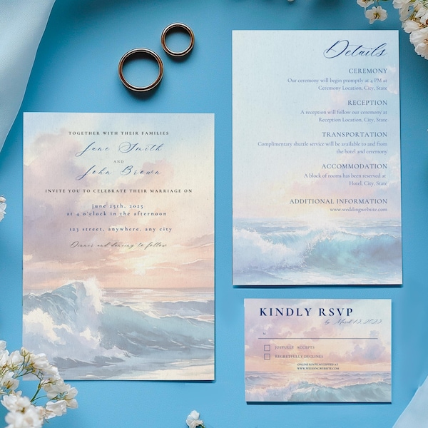 Strand Sonnenuntergang Hochzeitseinladung, Aquarell Tropischer Ozean Canva Vorlage (Digitaler Download)