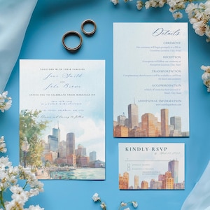 Plantilla de invitación de boda en acuarela de Boston, descarga digital de Canva, conjunto con detalles, tarjeta RSVP, horizonte de Massachusetts, ciudad urbana