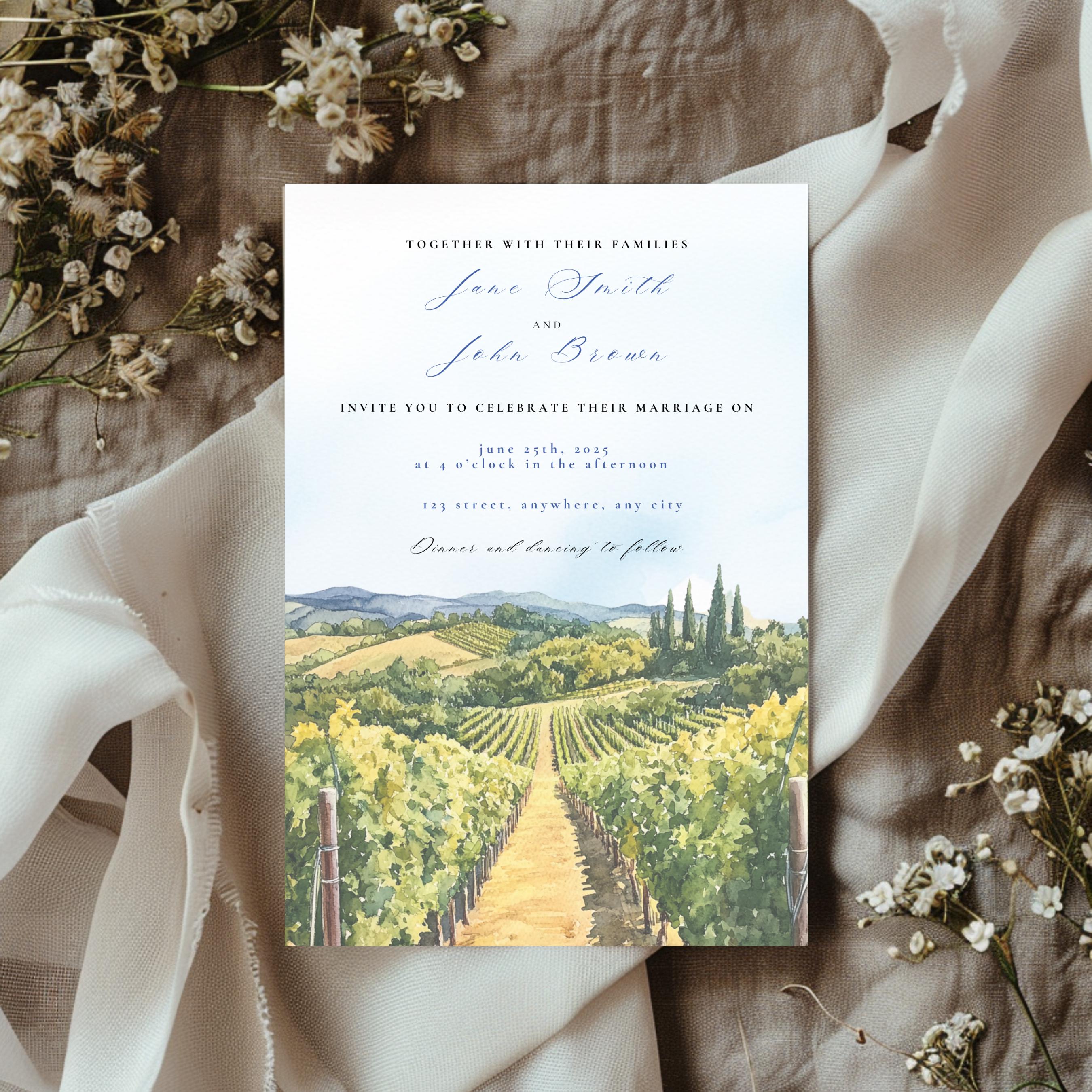Vineyard Wedding Invitation Suite, Watercolor Wine Country Canva ...