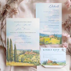 Aquarell Italien Hochzeitseinladung Vorlage, Canva Digital Download, Set mit Details, Antwortkarte, Toskana Ziel, Lage
