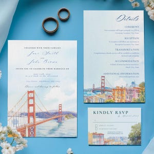 Watercolor San Francisco Wedding Invitation Template, Canva Digital Download, Suite Set with Details, RSVP Card, California USA Destination