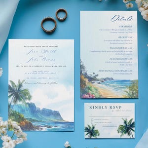 Plantilla de invitación de boda hawaiana en acuarela, descarga digital de Canva, conjunto con detalles, tarjeta RSVP, destino tropical, isla oceánica