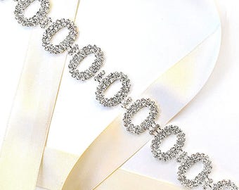 SALE! Glam Crystal Bridal Belt Sash - White Ivory Silver Satin Ribbon - Rhinestone  Wedding Dress Belt - Standard Length