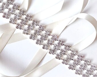Headband - Ornate Silver Rhinestone Bridal Headband - Custom Satin Ribbon Tie - Silver and Crystal Encrusted Hairpiece -