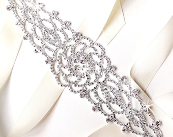 Sash - Rhinestone Rose Bridal Belt Sash - White Ivory Silver Satin Ribbon - Crystal Wedding Dress Belt - Crystal Flower - Standard Length